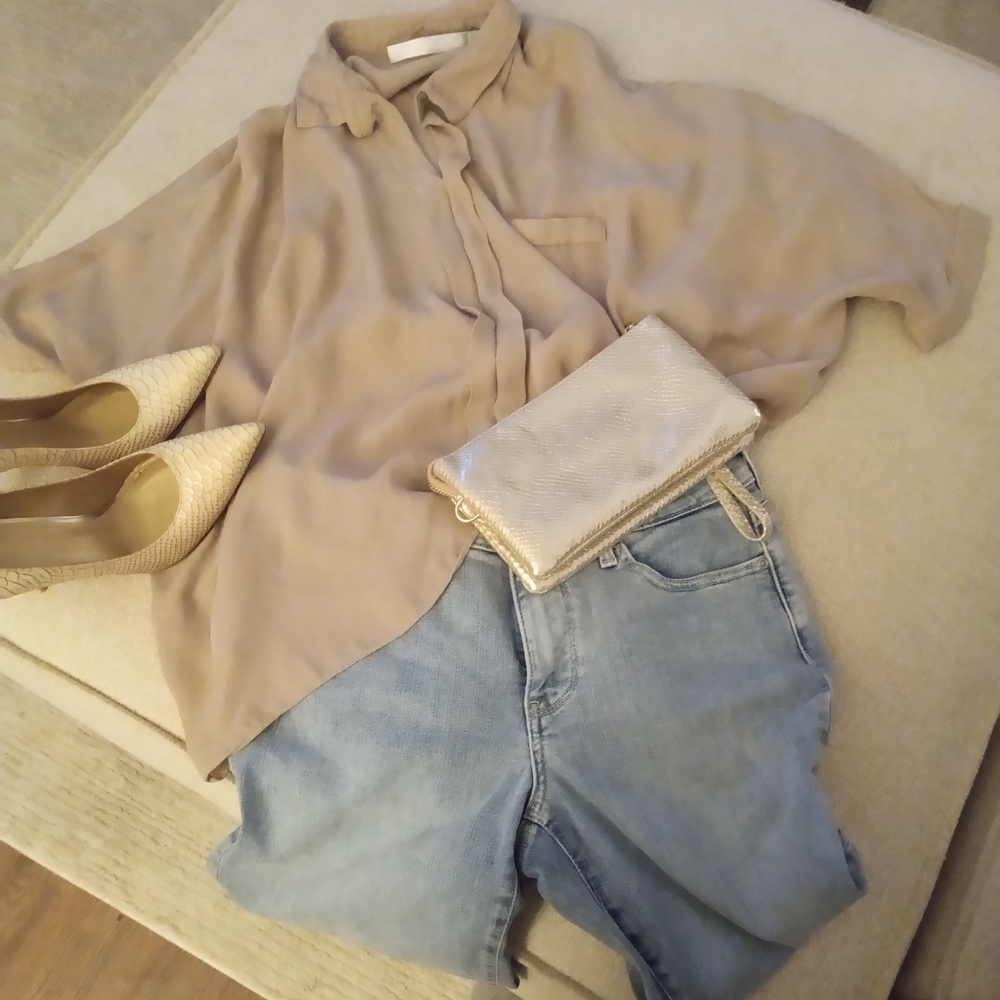 Lola & Sophie Cream Oversized Silk Blouse, Size Medium